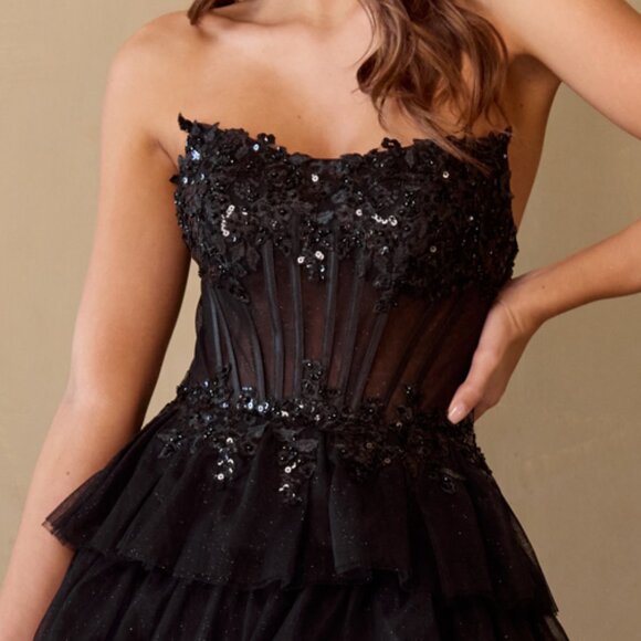 New Strapless Long Ruffled Prom Dress w/ Sheer Embroidered Boned Bodice AC 9053 - Picture 9 of 10